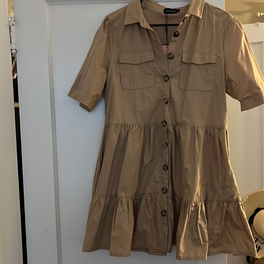 Stone Cotton Tiered Drop Hem Button Down Smock Dress